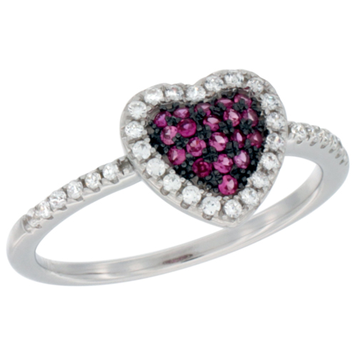 Ladies Sterling Silver Heart Micro Pave CZ Ring Ruby Accents 3/8 inch wide, sizes 6 - 9