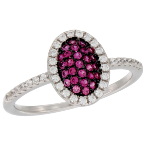 LADIES STERLING SILVER OVAL MICRO PAVE CZ RING RUBY ACCENTS 7/16 INCH WIDE, SIZES 6 - 9