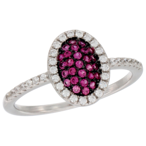 Ladies Sterling Silver Oval Micro Pave CZ Ring Ruby Accents 7/16 inch wide, sizes 6 - 9