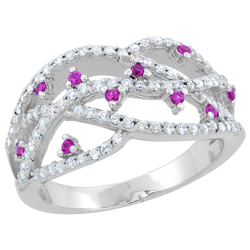 STERLING SILVER WEAVE DESIGN CZ RING WITH RUBY ACCENTS RHODIUM FINISH, 3/8 INCH WIDE, SIZES 6 - 9
