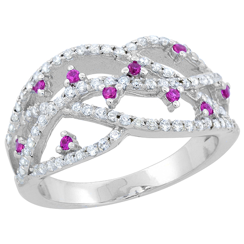 Sterling Silver Weave design CZ Ring with Ruby accents Rhodium Finish, 3/8 inch wide, sizes 6 - 9