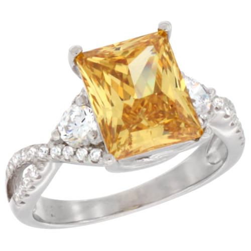 LADIES STERLING SILVER CITRINE MICRO PAVE CZ RING EMERALD CUT 8X10 MM, SIZES 6 - 9
