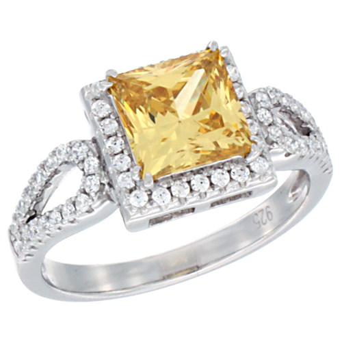LADIES STERLING SILVER CITRINE MICRO PAVE CZ RING PRINCESS CUT 7MM, SIZES 6 - 9