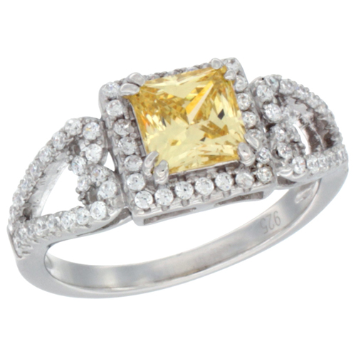 LADIES STERLING SILVER CITRINE MICRO PAVE CZ RING PRINCESS CUT 6MM, SIZES 6 - 9