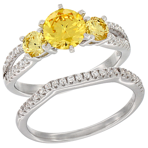 LADIES STERLING SILVER CITRINE 2-PIECE ENGAGEMENT MICRO PAVE CZ RING SET ROUND 7MM, SIZES 6 - 9
