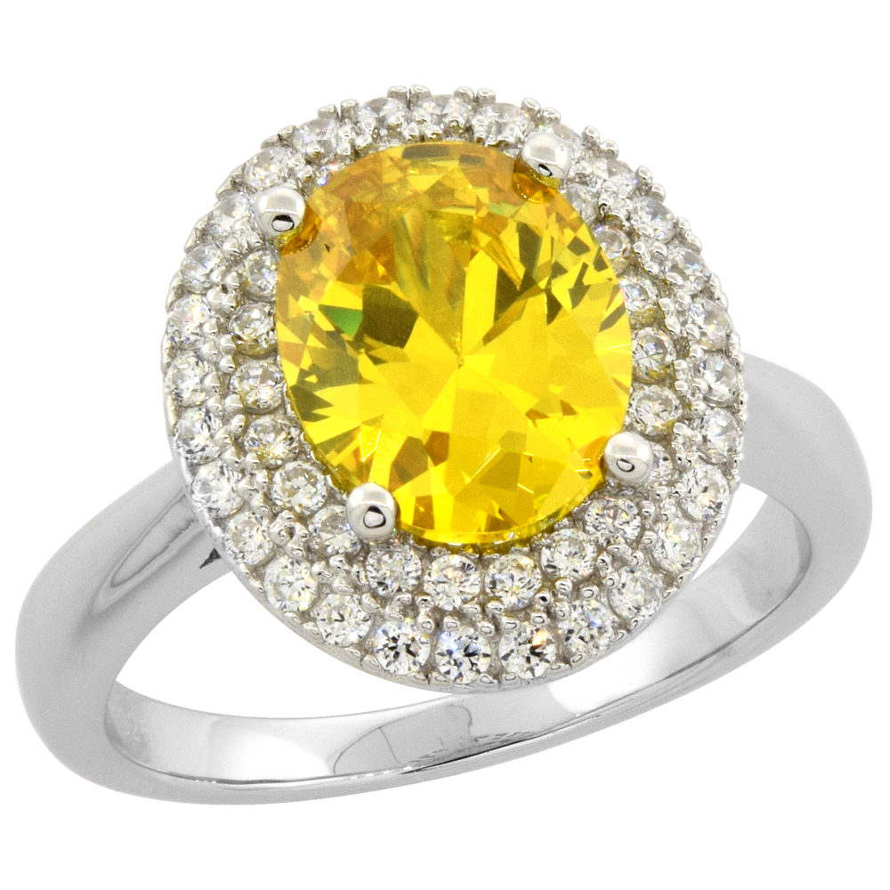 STERLING SILVER CUBIC ZIRCONIA CITRINE RING OVAL 10X8MM MICRO PAVE ACCENTS, SIZES 6 - 10