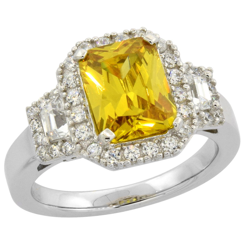 STERLING SILVER CUBIC ZIRCONIA CITRINE RING OCTAGON 9X7MM MICRO PAVE ACCENTS, SIZES 6 - 10