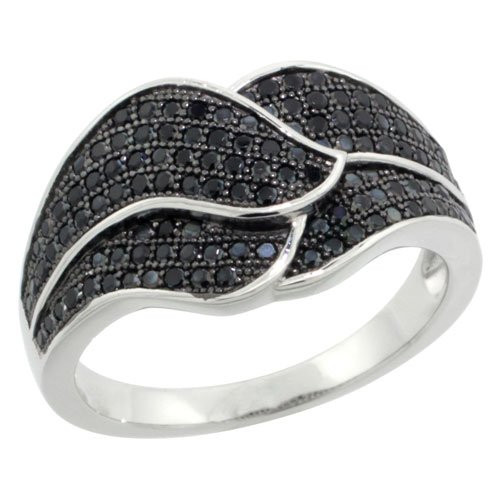 Sterling Silver Cubic Zirconia Micro Pave Double Leaf Band Black Stones, Sizes 6 to 9
