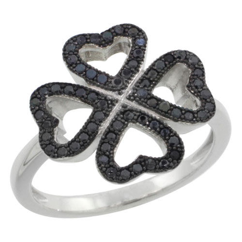 STERLING SILVER MICRO PAVE CUBIC ZIRCONIA OPEN HEART SHAPED FOUR LEAF CLOVER RING BLACK STONES, SIZES 6 TO 9