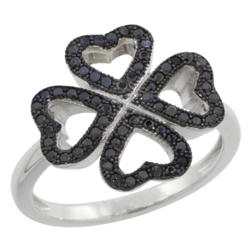 Sterling Silver Micro Pave Cubic Zirconia Open Heart shaped Four Leaf Clover Ring Black Stones, Sizes 6 to 9