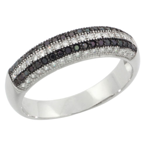 STERLING SILVER CUBIC ZIRCONIA MICRO PAVE 5-ROW BAND BLACK & WHITE STONES, SIZES 6 TO 9