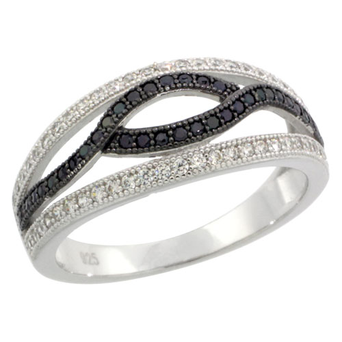 Sterling Silver Cubic Zirconia Micro Pave Eye Shape in Center Band Black &amp; White Stones, Sizes 6 to 9