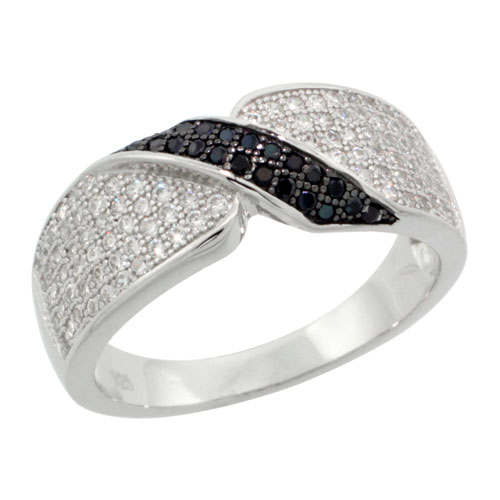 Sterling Silver Cubic Zirconia Micro Pave Bow Shape Band Black & White Stones, Sizes 6 to 9