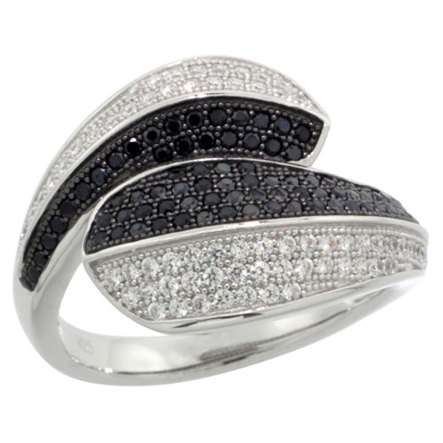 STERLING SILVER CUBIC ZIRCONIA MICRO PAVE WAVE SHAPE BAND BLACK & WHITE STONES, SIZES 6 TO 9