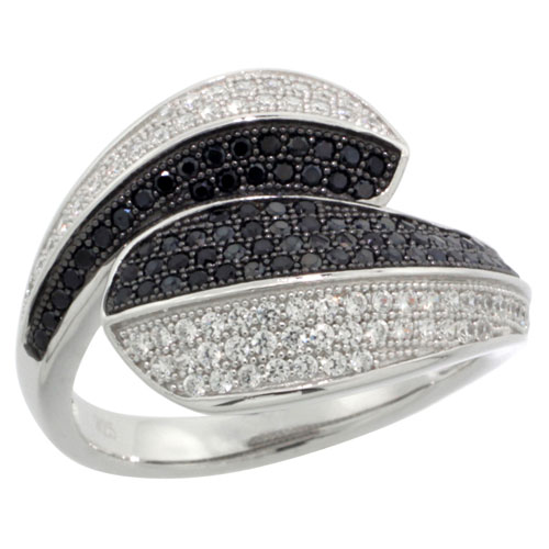 Sterling Silver Cubic Zirconia Micro Pave Wave Shape Band Black &amp; White Stones, Sizes 6 to 9