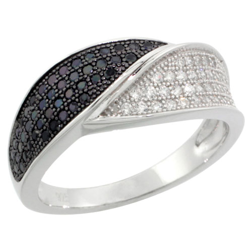 Sterling Silver Cubic Zirconia Micro Pave Leaf Band Black &amp; White Stones, Sizes 6 to 9