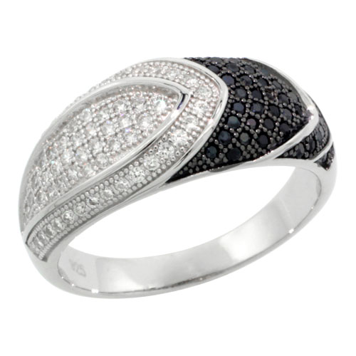 Sterling Silver Cubic Zirconia Micro Pave Pear Shape Band Black &amp; White Stones, Sizes 6 to 9