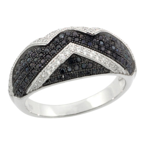 Sterling Silver Cubic Zirconia Micro Pave Swirl Band Black & White Stones, Sizes 6 to 9