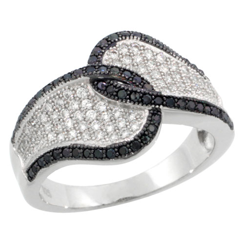 STERLING SILVER CUBIC ZIRCONIA MICRO PAVE CRISS CROSS TEAR DROP BAND BLACK & WHITE STONES, SIZES 6 TO 9