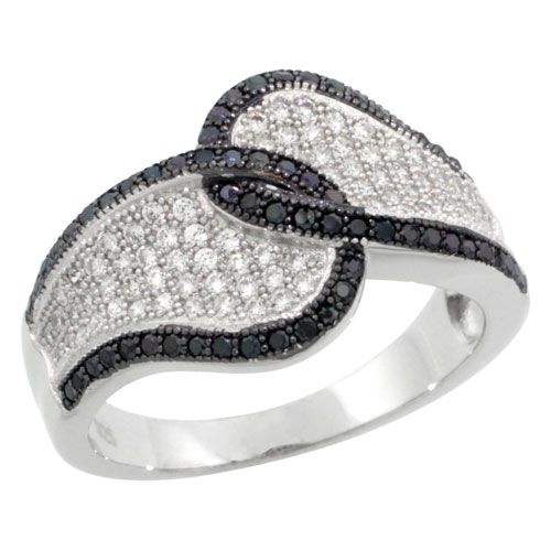 Sterling Silver Cubic Zirconia Micro Pave Criss Cross Tear Drop Band Black &amp; White Stones, Sizes 6 to 9