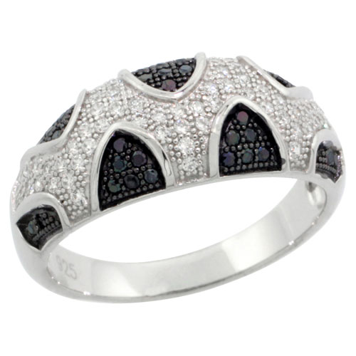 Sterling Silver Cubic Zirconia Micro Pave Spiral Design Band Black & White Stones, Sizes 6 to 9