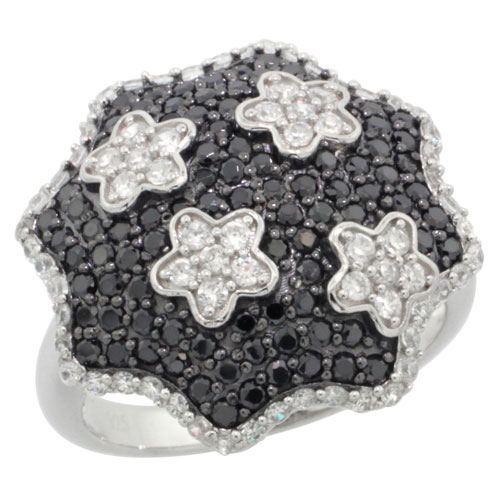 STERLING SILVER CUBIC ZIRCONIA MICRO PAVE FLOWER SHAPE BAND CENTERED FOUR DETACHED FLOWERS IN BLACK & WHITE STONES , SIZES 6 TO 9