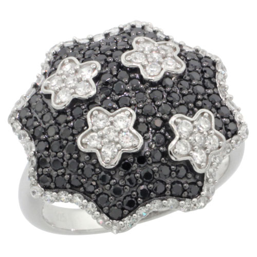 Sterling Silver Cubic Zirconia Micro Pave Flower Shape Band Centered Four Detached Flowers In Black &amp; White Stones , Sizes 6 to 