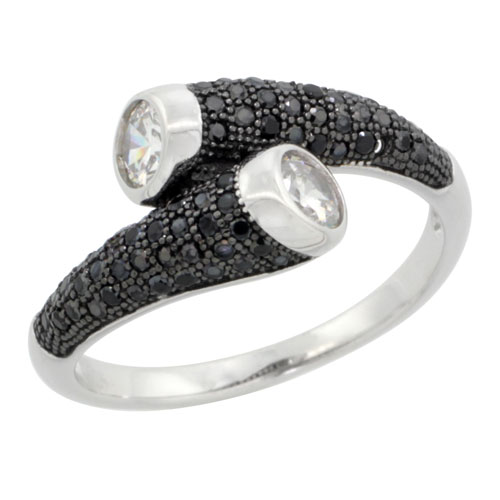 Sterling Silver Cubic Zirconia Micro Pave Tear Drop Ring Black & White Stones, Sizes 6 to 9