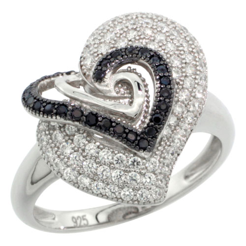 STERLING SILVER MICRO PAVE CUBIC ZIRCONIA THREE IN ONE HEART RING BLACK & WHITE STONES, SIZES 6 TO 9