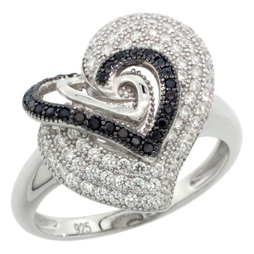 Sterling Silver Micro Pave Cubic Zirconia Three In One Heart Ring Black & White Stones, Sizes 6 to 9
