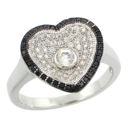Sterling Silver Micro Pave Cubic Zirconia Heart Ring Centered Single White Stone &amp; Outlined Black Stones, Sizes 6 to 9