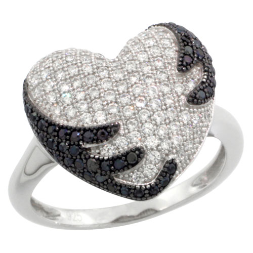 Sterling Silver Micro Pave Cubic Zirconia Captured Heart Ring Black & White Stones, Sizes 6 to 9
