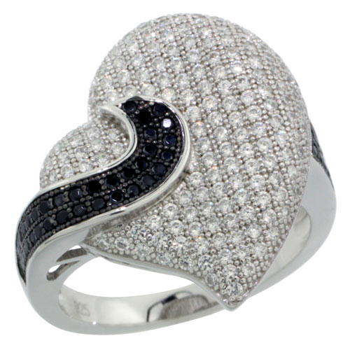 Sterling Silver Micro Pave Cubic Zirconia Swirly Heart Ring Black & White Stones, Sizes 6 to 9