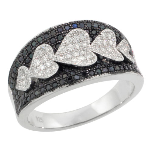 STERLING SILVER MICRO PAVE CUBIC ZIRCONIA GRADUATING HEART RING BLACK & WHITE STONES, SIZES 6 TO 9