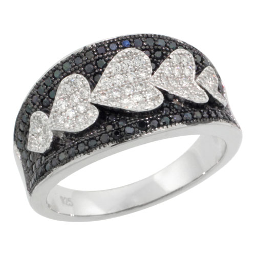 Sterling Silver Micro Pave Cubic Zirconia Graduating Heart Ring Black &amp; White Stones, Sizes 6 to 9