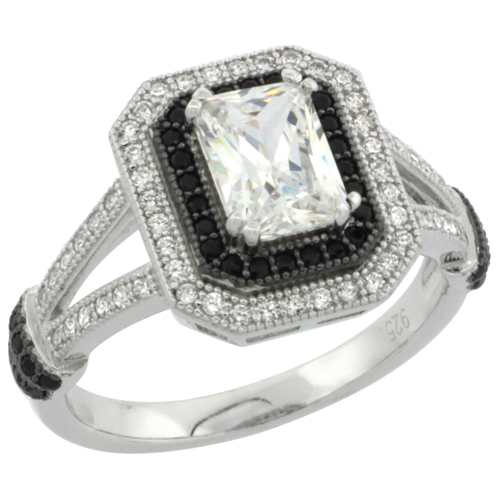 Ladies Sterling Silver Emerald Cut 7x5 mm Micro Pave CZ Ring Black &amp; White Stones, sizes 6 - 9