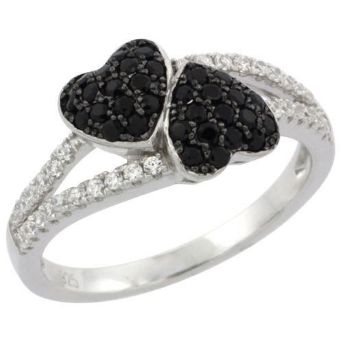 Ladies Sterling Silver Double Heart Micro Pave CZ Ring Black & White Stones, sizes 6 - 9
