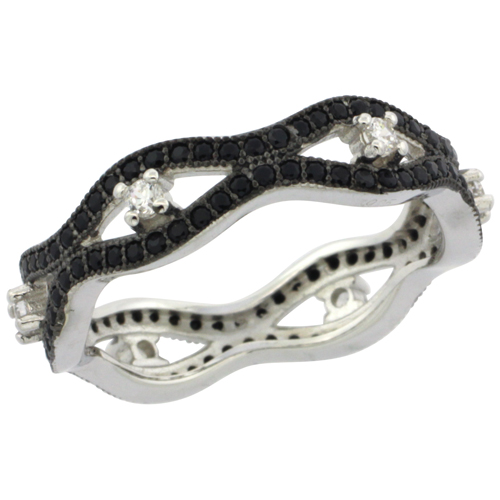 LADIES STERLING SILVER MARQUISE LINK BLACK MICRO PAVE CZ RING WHITE STONE ACCENTS 1/4 INCH WIDE, SIZES 6 - 9