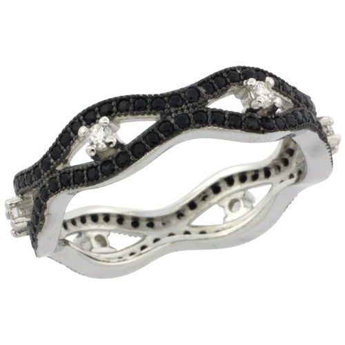 Ladies Sterling Silver Marquise Link Black Micro Pave CZ Ring White Stone Accents 1/4 inch wide, sizes 6 - 9