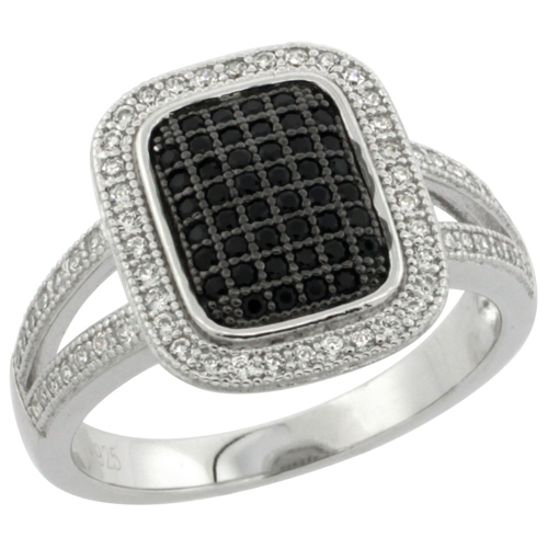 Ladies Sterling Silver Rectangular Micro Pave CZ Ring Black & White Stones 9/16 inch wide, sizes 6 - 9