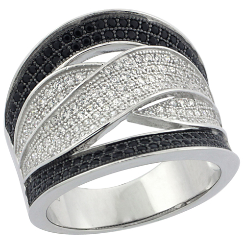 LADIES STERLING SILVER WRAP MICRO PAVE CZ RING BLACK & WHITE STONES 11/16 INCH WIDE, SIZES 6 - 9