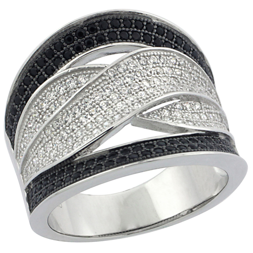 Ladies Sterling Silver Wrap Micro Pave CZ Ring Black & White Stones 11/16 inch wide, sizes 6 - 9