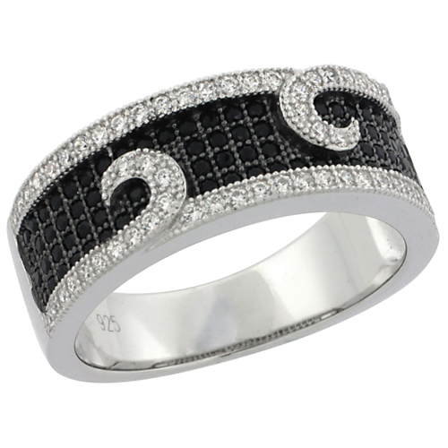 LADIES STERLING SILVER CURVE MICRO PAVE CZ BAND BLACK & WHITE STONES 5/16 INCH WIDE, SIZES 6 - 9