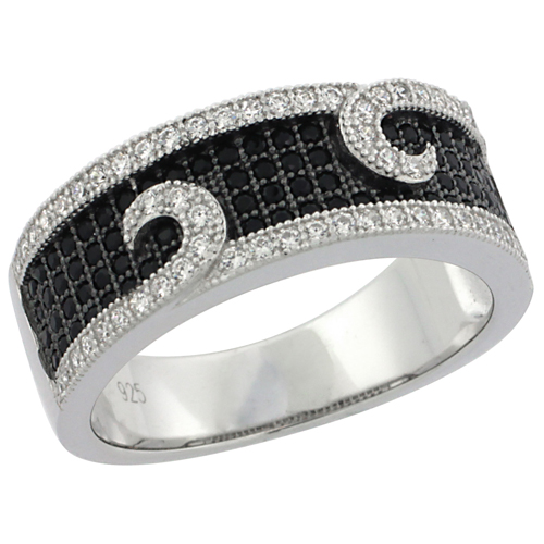 Ladies Sterling Silver Curve Micro Pave CZ Band Black & White Stones 5/16 inch wide, sizes 6 - 9