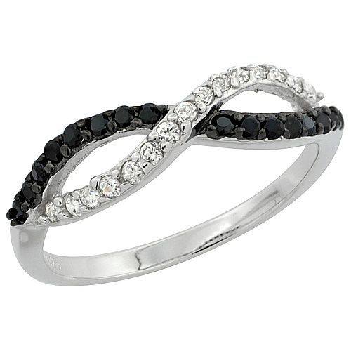 LADIES STERLING SILVER INFINITY MICRO PAVE CZ RING BLACK & WHITE STONES 1/4 INCH WIDE, SIZES 9 - 9.5