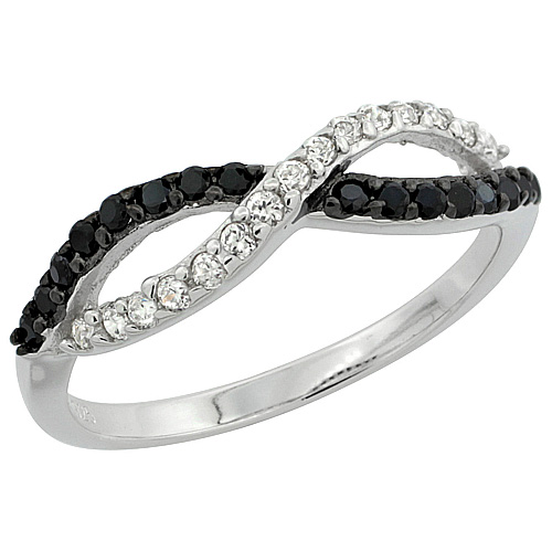 Ladies Sterling Silver Infinity Micro Pave CZ Ring Black &amp; White Stones 1/4 inch wide, sizes 9 - 9.5