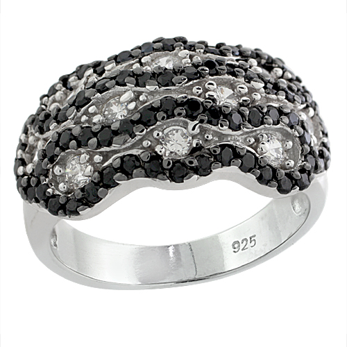 Ladies Sterling Silver 3-Row Scalloped Edges Micro Pave CZ Ring Black & White Stones 7/16 inch wide