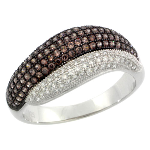 Sterling Silver Cubic Zirconia Micro Pave Wave Shape Band White &amp; Brown Stones, Sizes 6 to 9