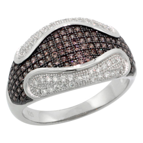 STERLING SILVER CUBIC ZIRCONIA MICRO PAVE LIP SHAPE BAND WHITE & BROWN STONES, SIZES 6 TO 9