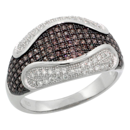 Sterling Silver Cubic Zirconia Micro Pave Lip Shape Band White &amp; Brown Stones, Sizes 6 to 9